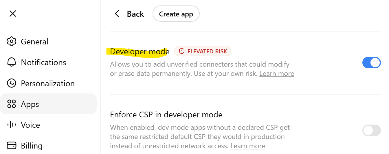 ChatGPT Advanced settings with Developer mode toggled on