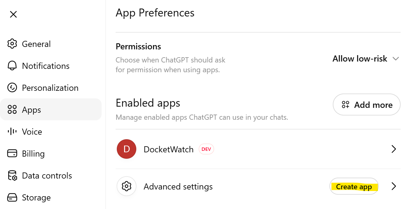 ChatGPT App Preferences with Advanced settings / Create app