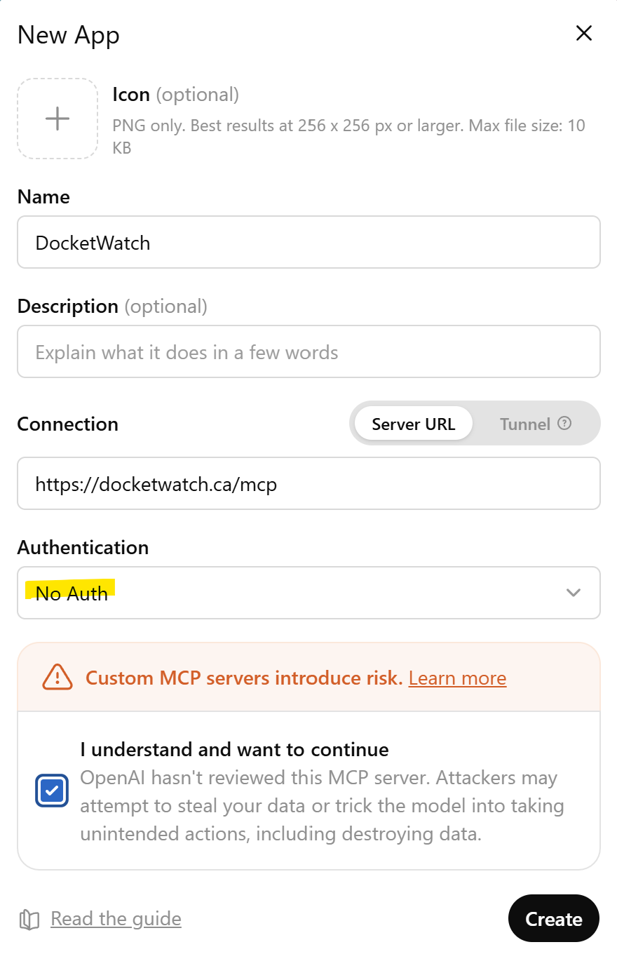 ChatGPT New App dialog with Server URL and Authentication set to No Auth