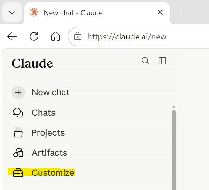 Claude sidebar with Customize highlighted