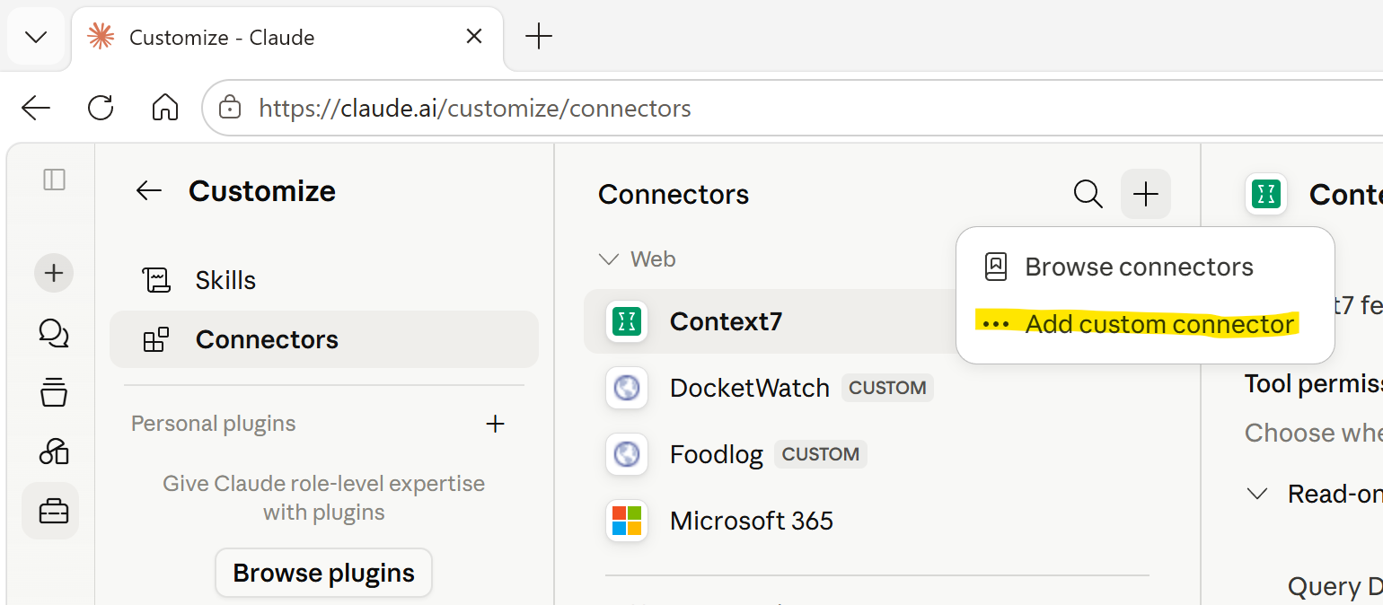 Claude Connectors page with Add custom connector highlighted