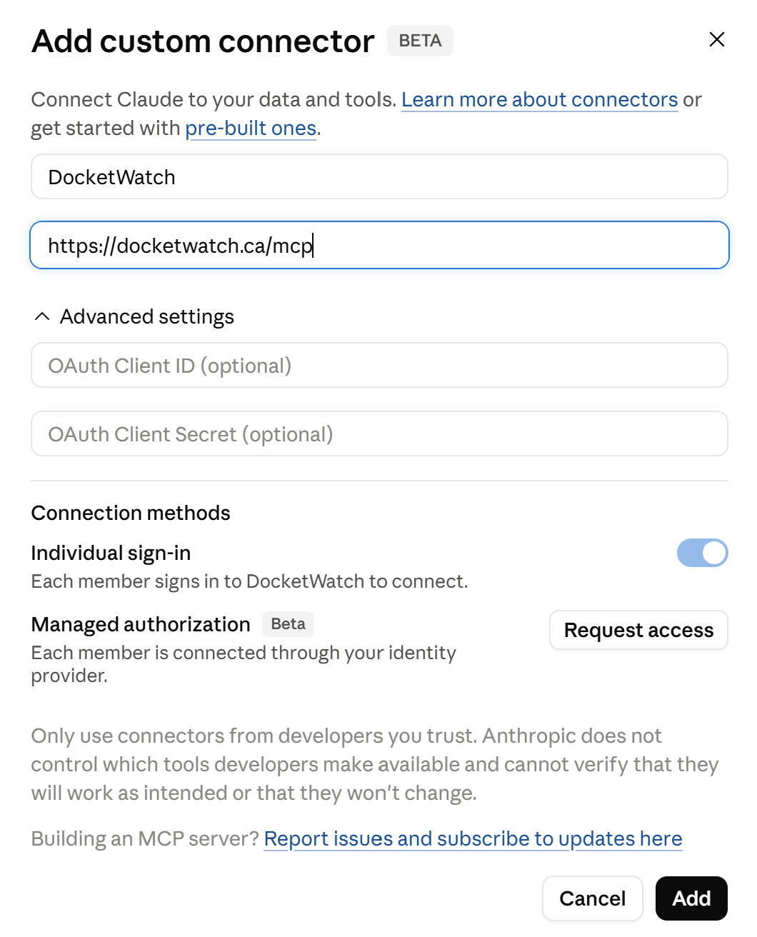 Claude Add custom connector dialog with the DocketWatch URL filled in
