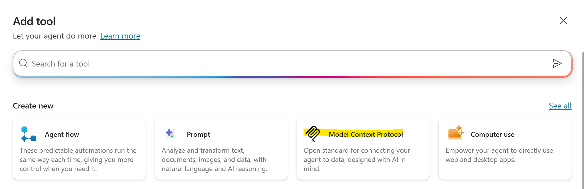 Copilot Studio Add tool dialog with Model Context Protocol highlighted