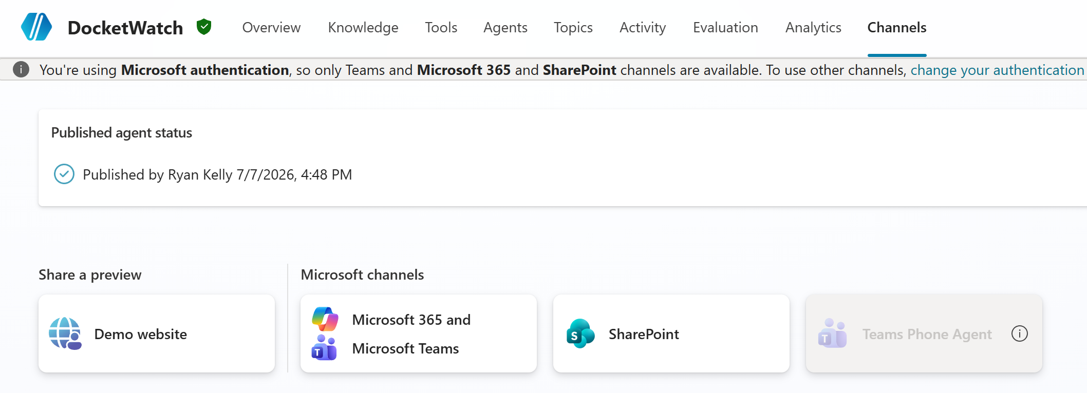 Copilot Studio Channels with Microsoft 365 Copilot and Teams enabled
