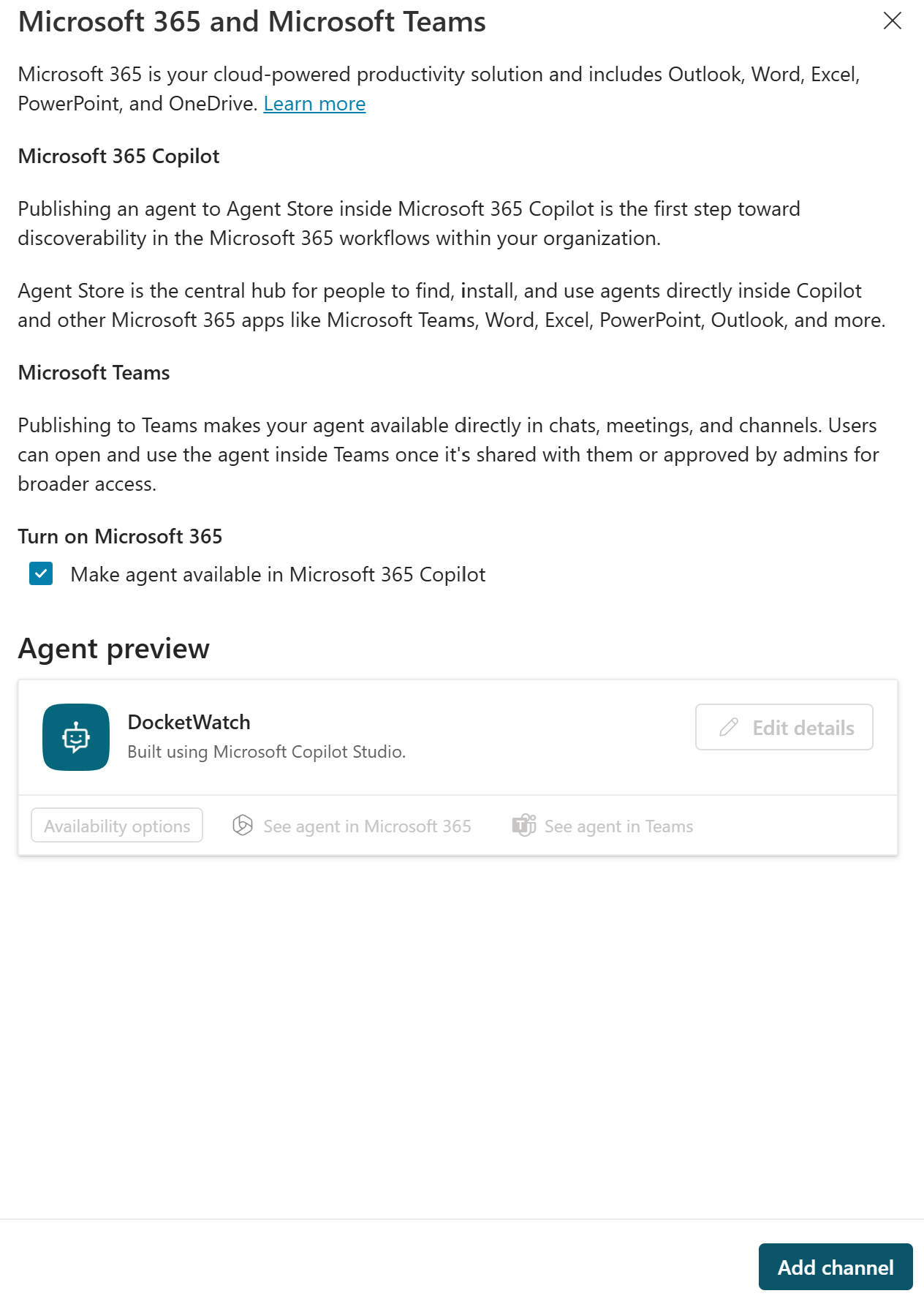 Copilot Studio Make agent available in Microsoft 365 Copilot toggle