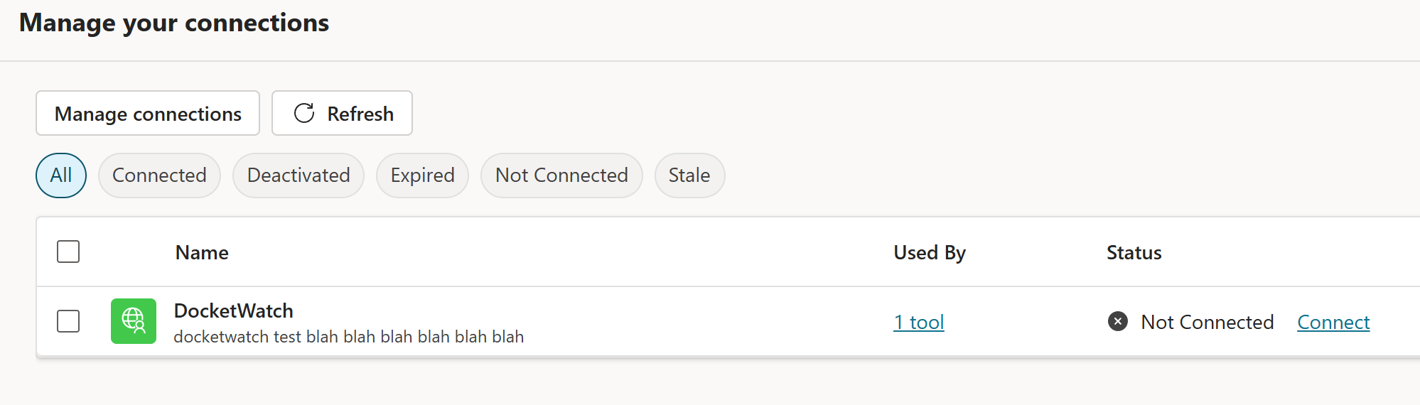 Manage connections page showing DocketWatch as Not Connected with a Connect link