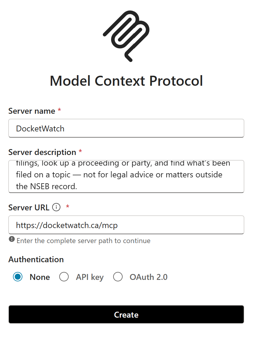 Copilot Studio Model Context Protocol form with server name, description, URL, and Authentication set to None