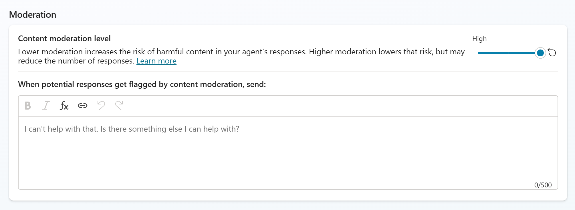 Copilot Studio Settings with content moderation set to High